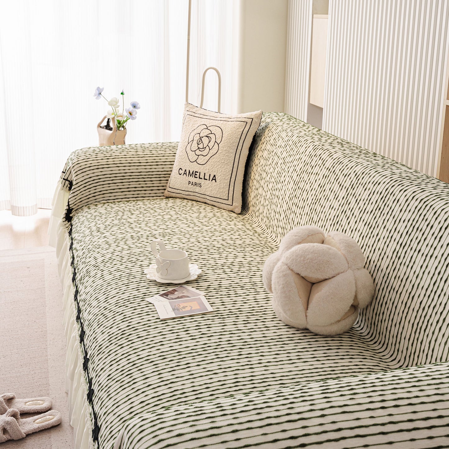 Ruffled Sofa Cover with Bowknot Decor, French Country Style Skirted Couch Slipcover