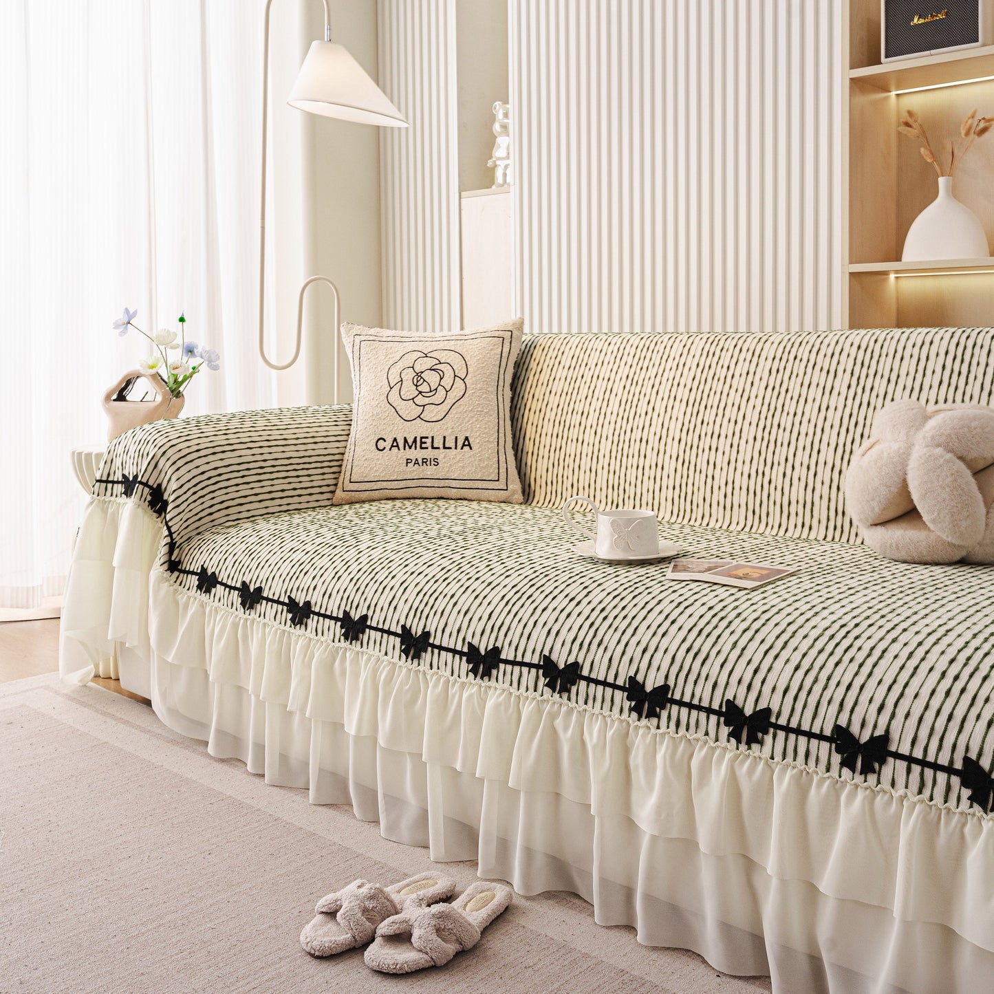 Ruffled Sofa Cover with Bowknot Decor, French Country Style Skirted Couch Slipcover