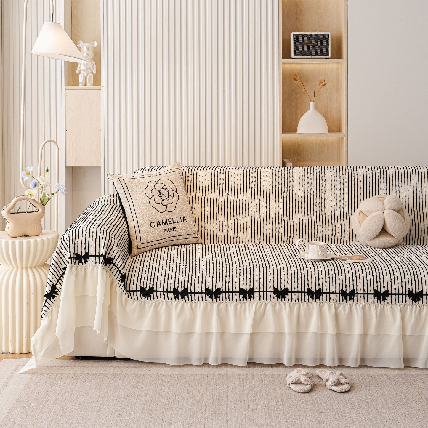Ruffled Sofa Cover with Bowknot Decor, French Country Style Skirted Couch Slipcover