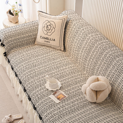 Ruffled Sofa Cover with Bowknot Decor, French Country Style Skirted Couch Slipcover