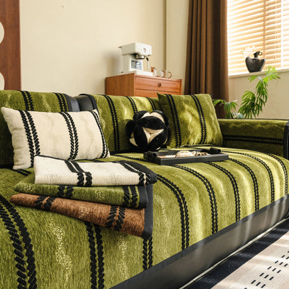 Non-Slip Sofa Cover with Thick Chenille Texture Woven Stripe Couch Protector Throw