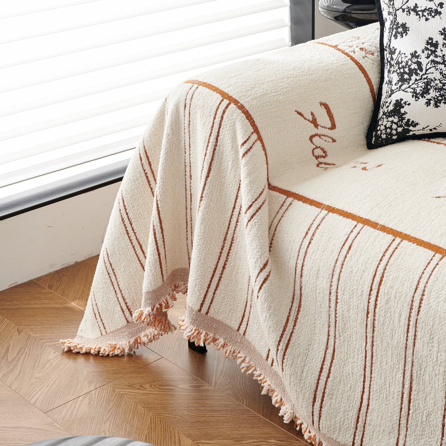 Chenille Striped Floral Couch Cover Sofa Slipcover for Most Shape Sofas, Reversible Sofa Throw Cover