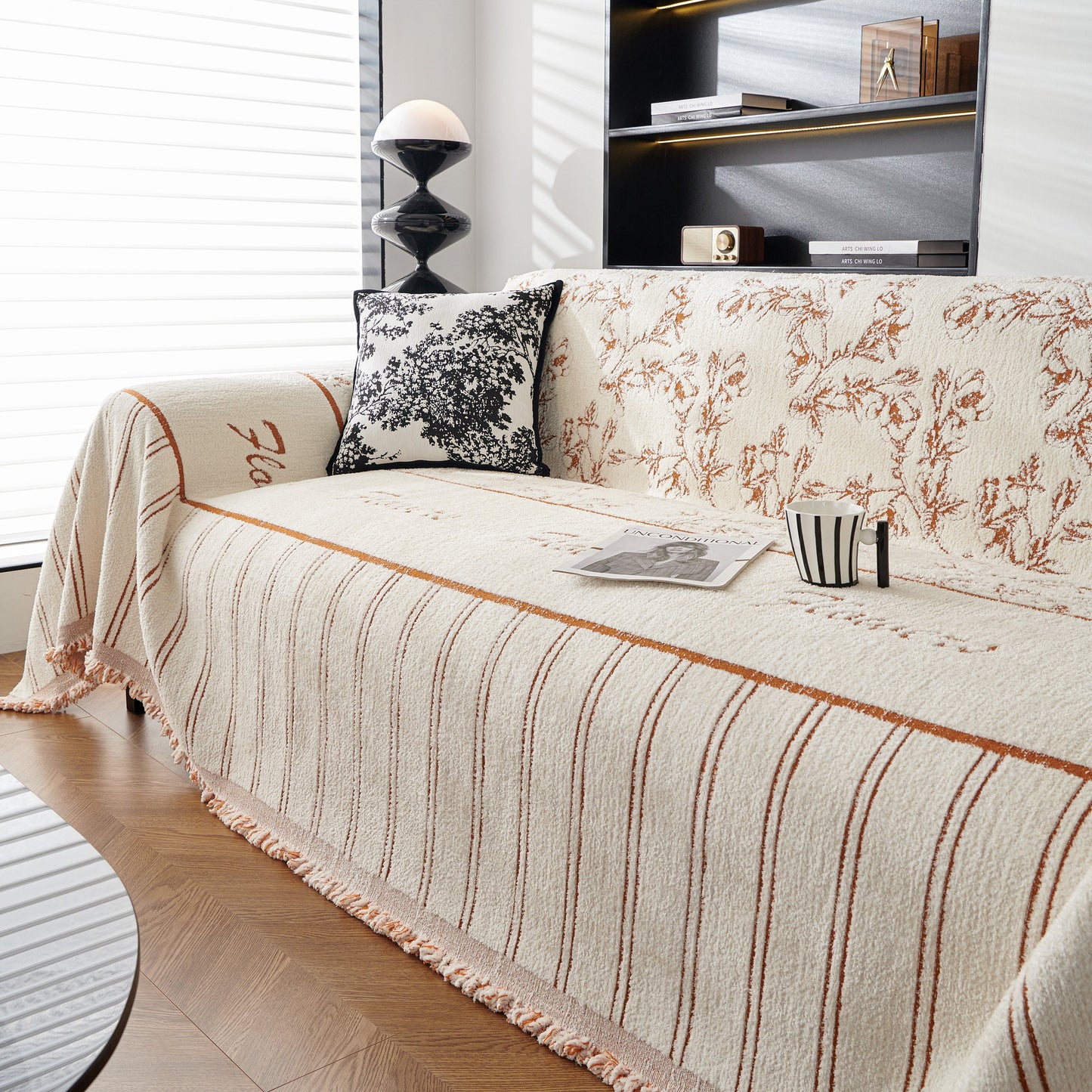 Chenille Striped Floral Couch Cover Sofa Slipcover for Most Shape Sofas, Reversible Sofa Throw Cover