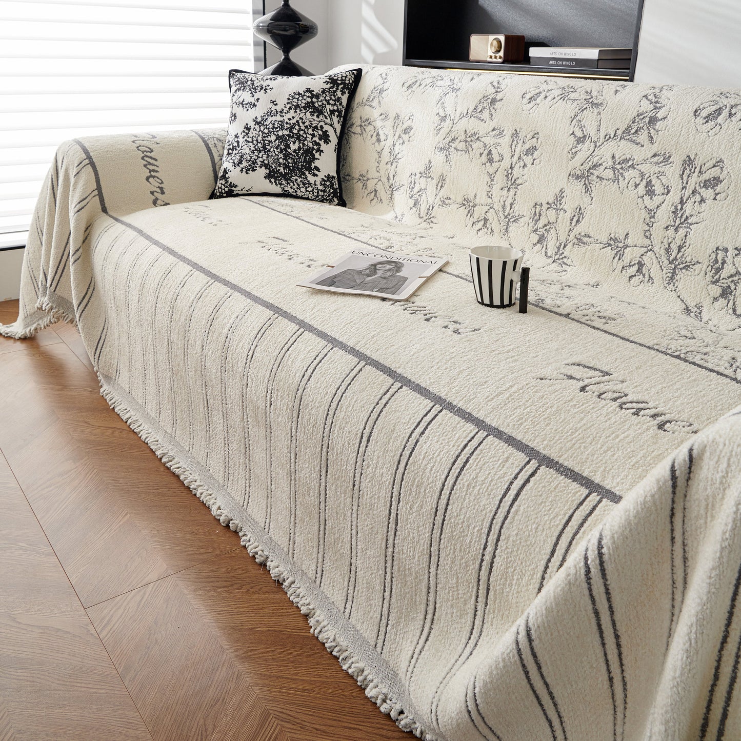Chenille Striped Floral Couch Cover Sofa Slipcover for Most Shape Sofas, Reversible Sofa Throw Cover