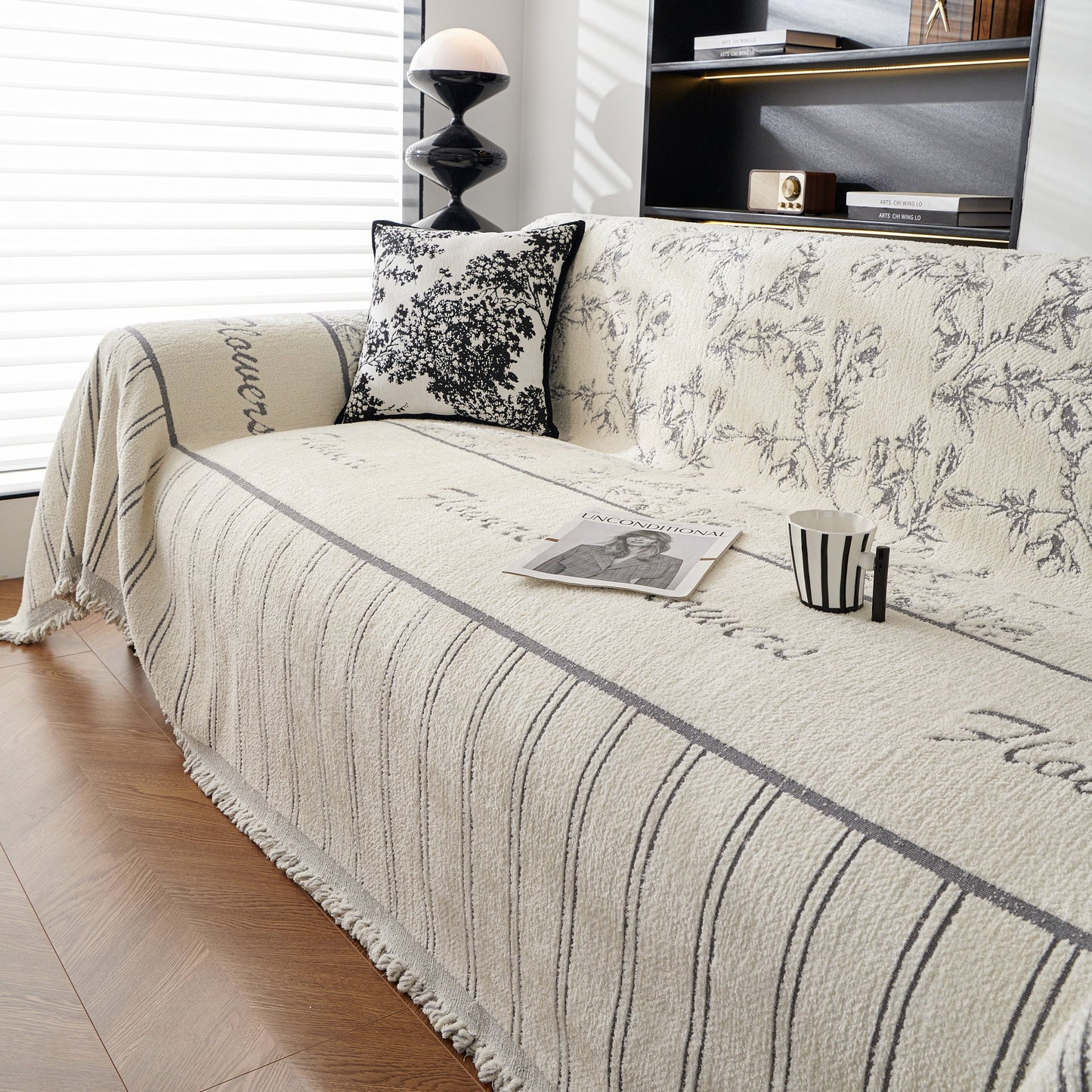Chenille Striped Floral Couch Cover Sofa Slipcover for Most Shape Sofas, Reversible Sofa Throw Cover