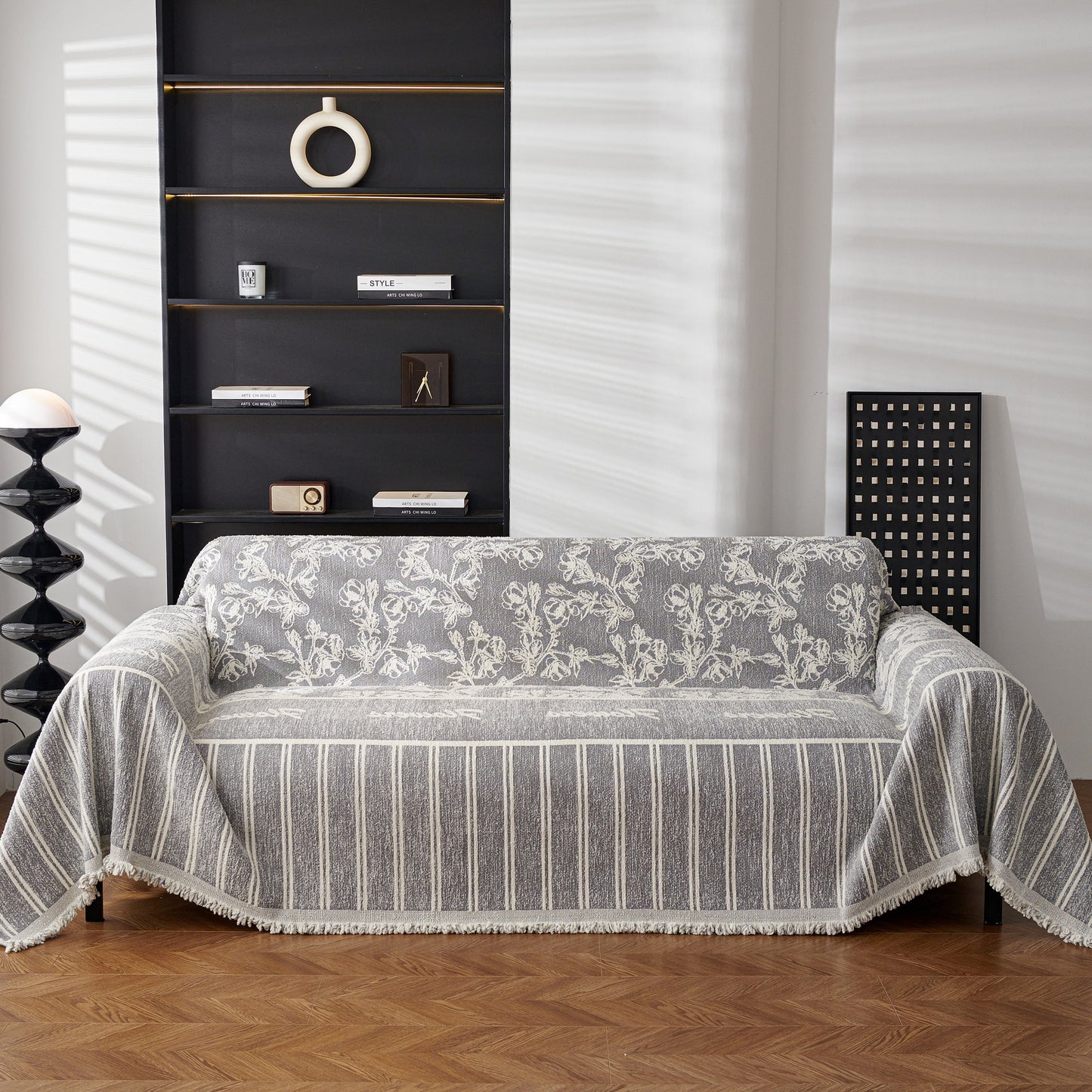 Chenille Striped Floral Couch Cover Sofa Slipcover for Most Shape Sofas, Reversible Sofa Throw Cover