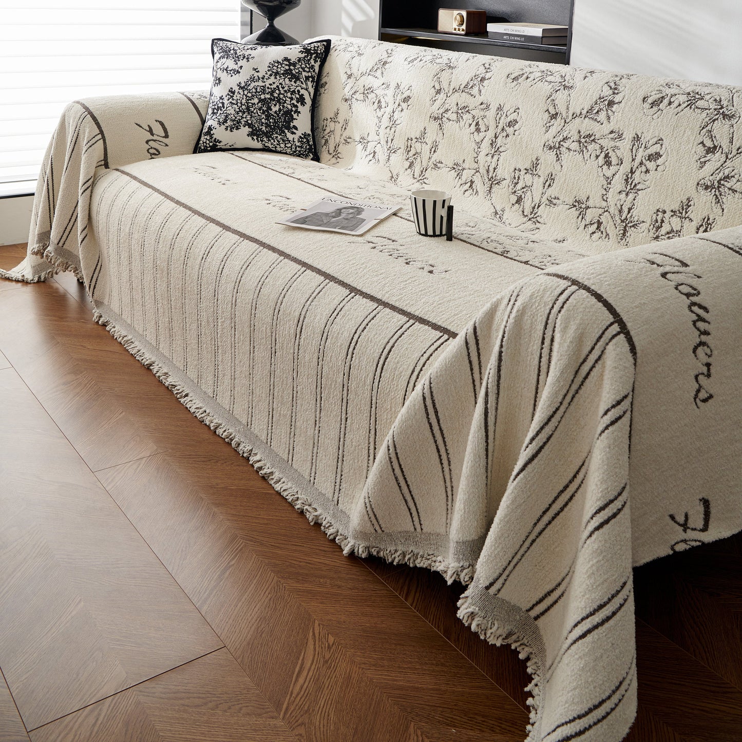 Chenille Striped Floral Couch Cover Sofa Slipcover for Most Shape Sofas, Reversible Sofa Throw Cover