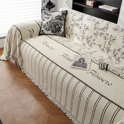 Chenille Striped Floral Couch Cover Sofa Slipcover for Most Shape Sofas, Reversible Sofa Throw Cover