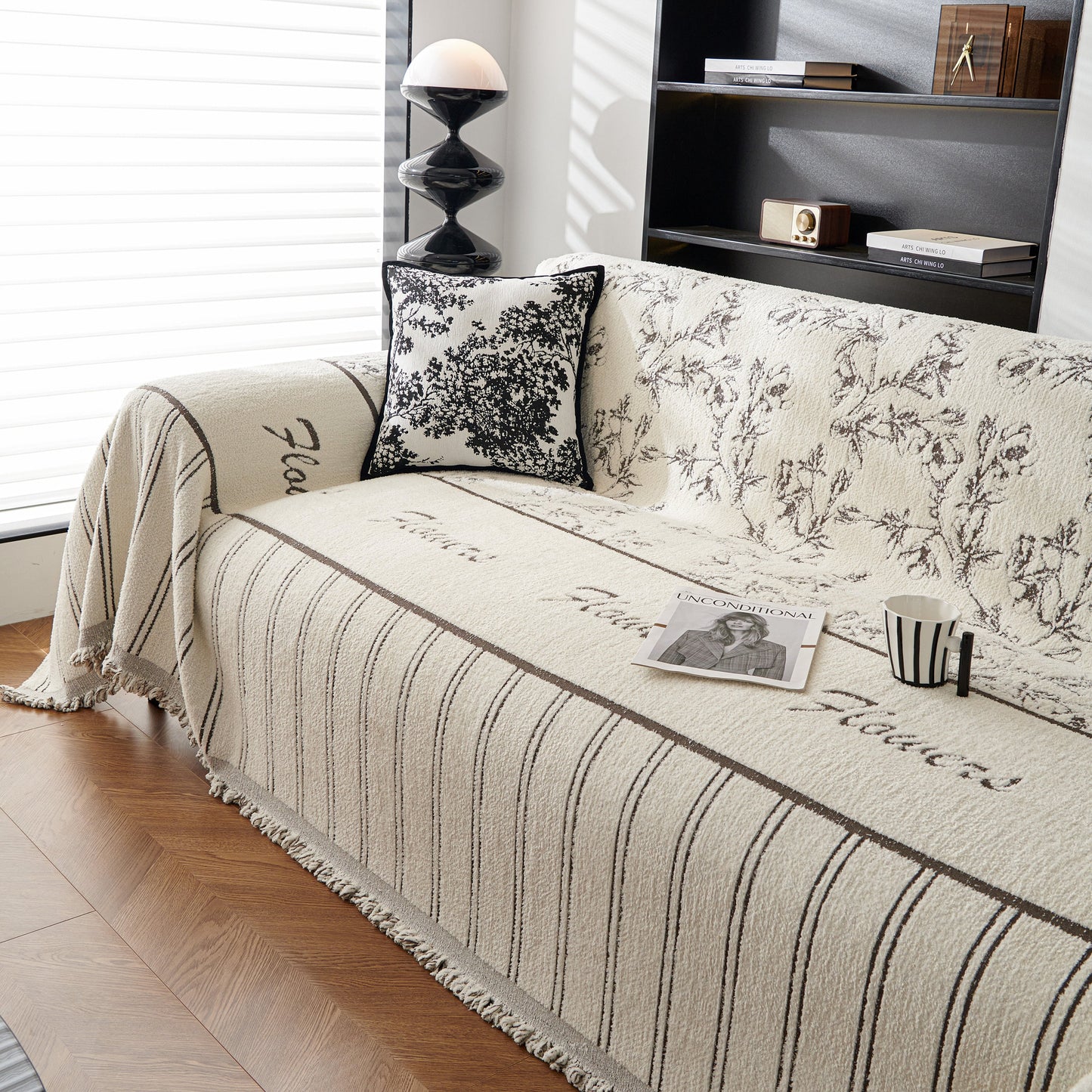Chenille Striped Floral Couch Cover Sofa Slipcover for Most Shape Sofas, Reversible Sofa Throw Cover