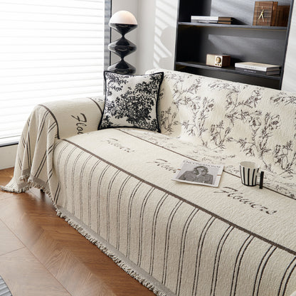 Chenille Striped Floral Couch Cover Sofa Slipcover for Most Shape Sofas, Reversible Sofa Throw Cover