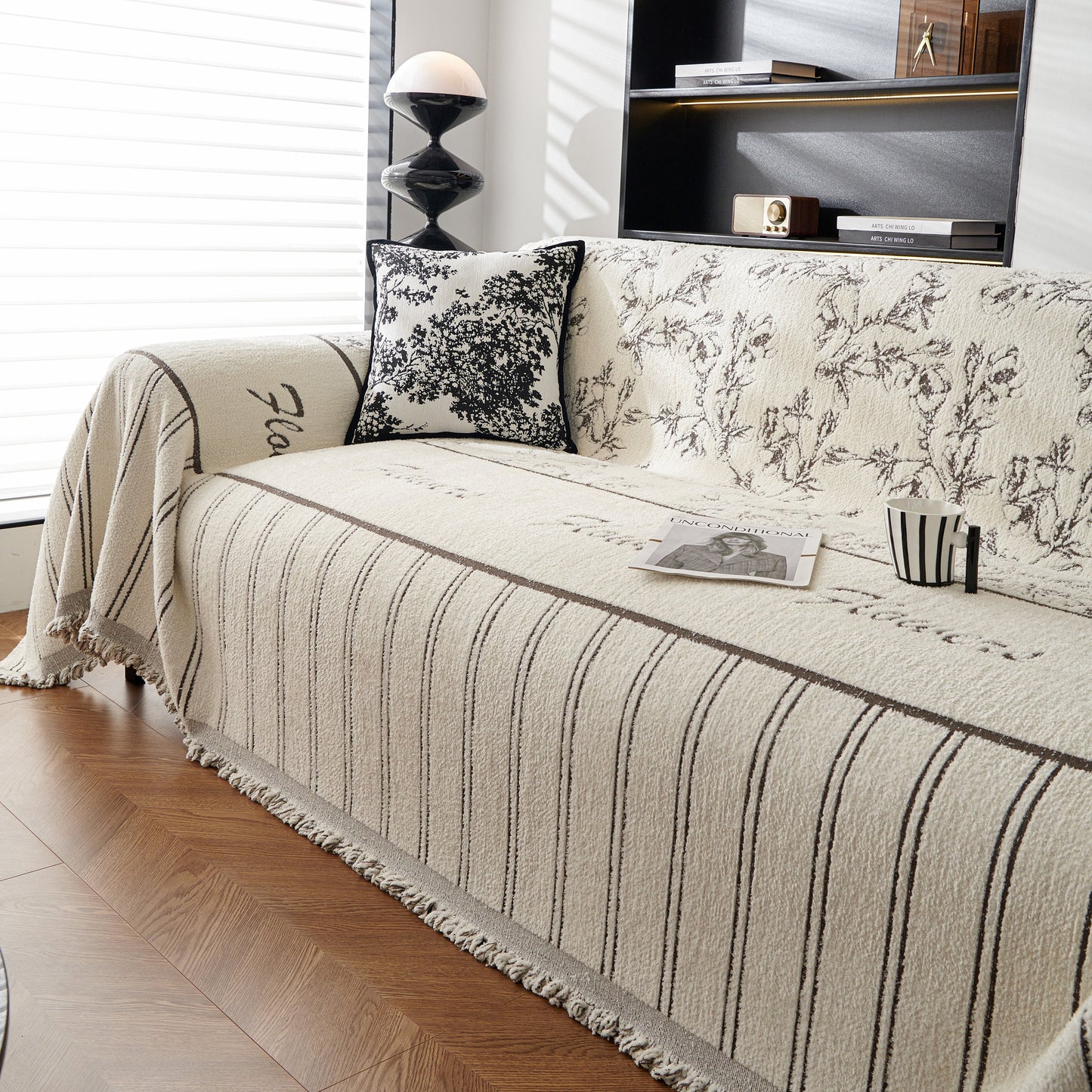 Chenille Striped Floral Couch Cover Sofa Slipcover for Most Shape Sofas, Reversible Sofa Throw Cover