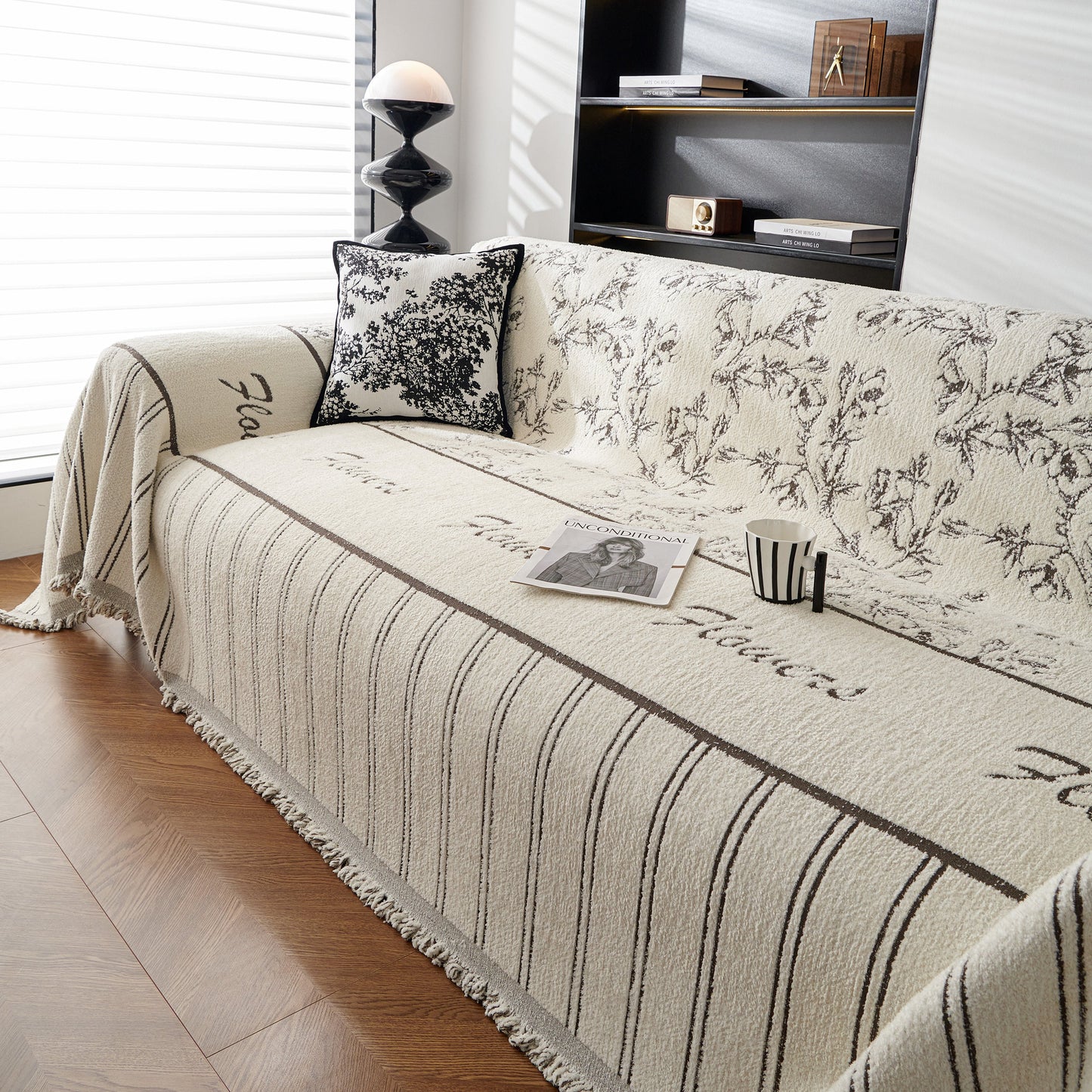 Chenille Striped Floral Couch Cover Sofa Slipcover for Most Shape Sofas, Reversible Sofa Throw Cover