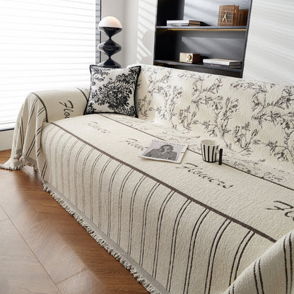 Chenille Striped Floral Couch Cover Sofa Slipcover for Most Shape Sofas, Reversible Sofa Throw Cover