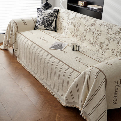 Chenille Striped Floral Couch Cover Sofa Slipcover for Most Shape Sofas, Reversible Sofa Throw Cover