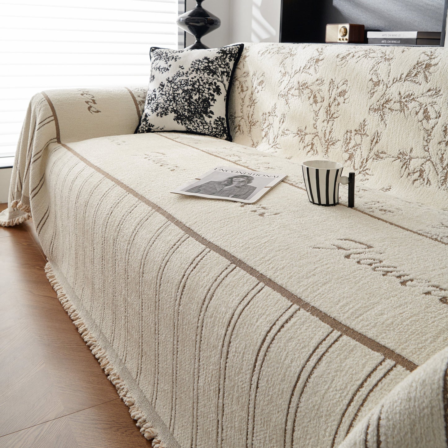 Chenille Striped Floral Couch Cover Sofa Slipcover for Most Shape Sofas, Reversible Sofa Throw Cover