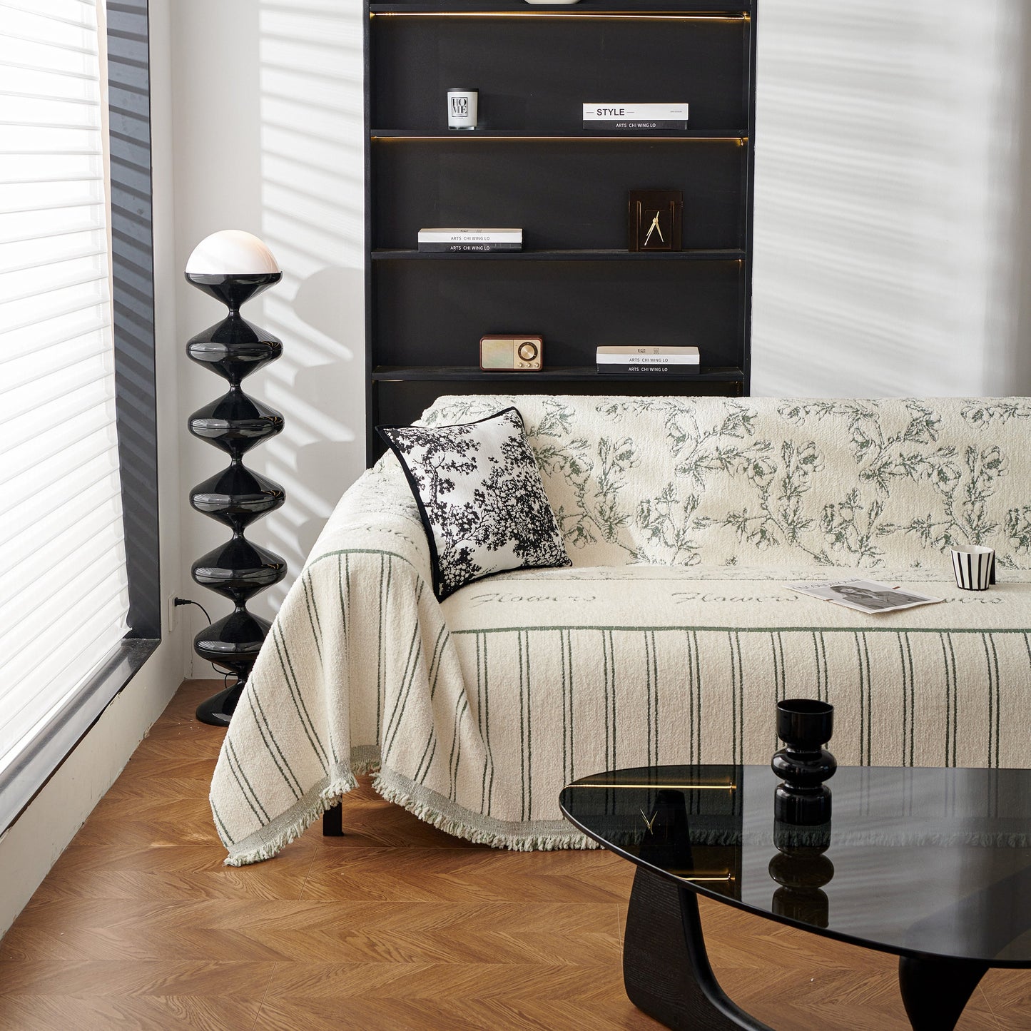 Chenille Striped Floral Couch Cover Sofa Slipcover for Most Shape Sofas, Reversible Sofa Throw Cover