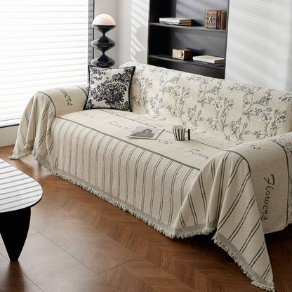 Chenille Striped Floral Couch Cover Sofa Slipcover for Most Shape Sofas, Reversible Sofa Throw Cover