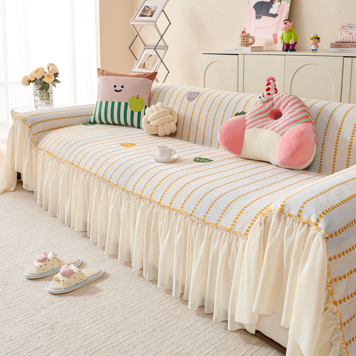 Cute Dotted Stripe Couch Protector, Non-Slip Washable Sofa Cover with Ruffled Skirt