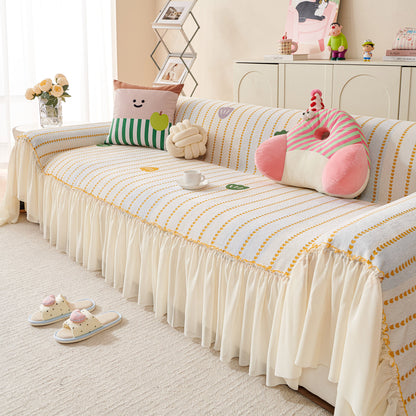 Cute Dotted Stripe Couch Protector, Non-Slip Washable Sofa Cover with Ruffled Skirt