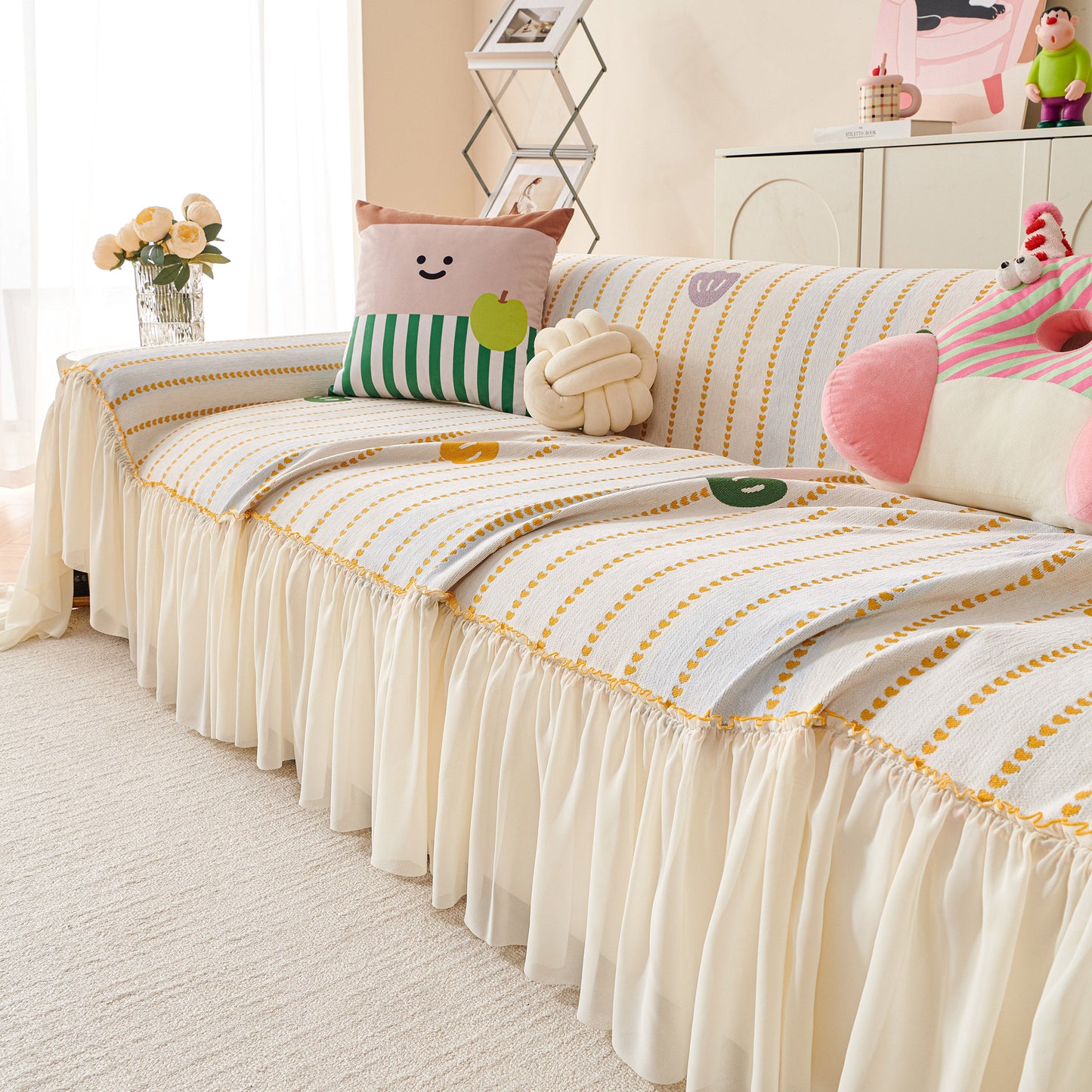 Cute Dotted Stripe Couch Protector, Non-Slip Washable Sofa Cover with Ruffled Skirt