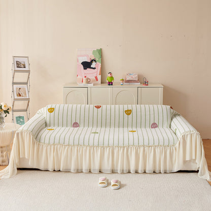 Cute Dotted Stripe Couch Protector, Non-Slip Washable Sofa Cover with Ruffled Skirt
