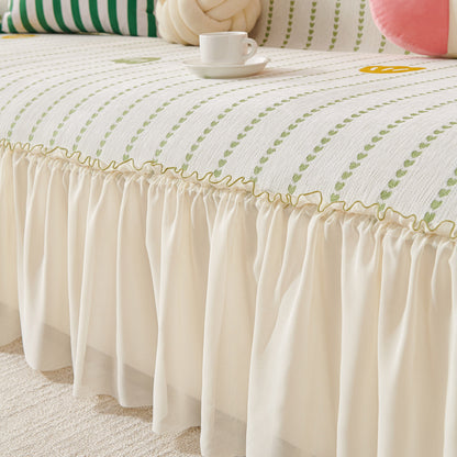 Cute Dotted Stripe Couch Protector, Non-Slip Washable Sofa Cover with Ruffled Skirt