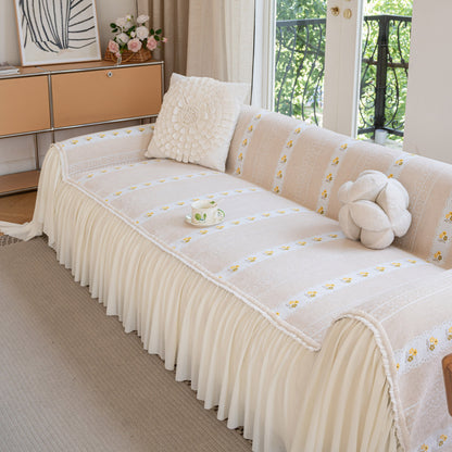Daisy Striped Sofa Cover with Sheer Ruffle Skirt, Floral Soft Slipcover Blanket