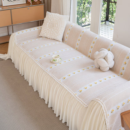 Daisy Striped Sofa Cover with Sheer Ruffle Skirt, Floral Soft Slipcover Blanket