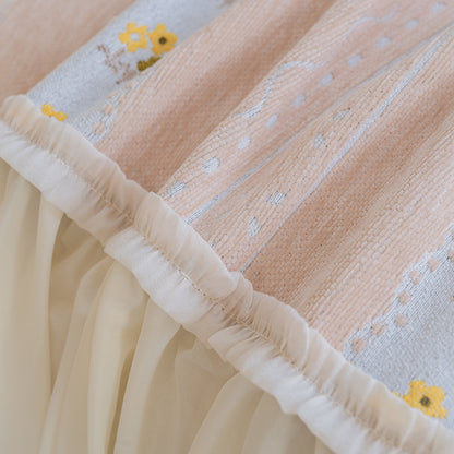 Daisy Striped Sofa Cover with Sheer Ruffle Skirt, Floral Soft Slipcover Blanket