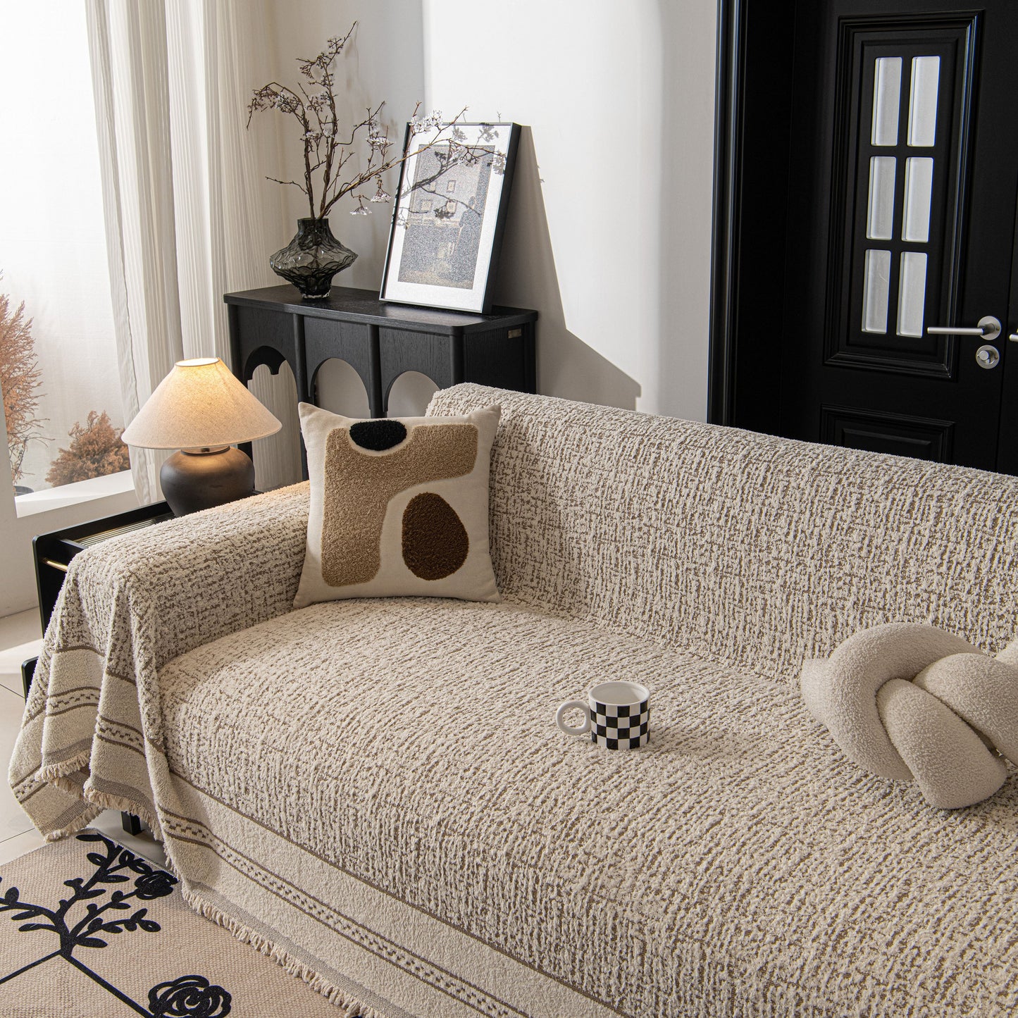 Textured Woven Furniture Protector for Couch, Rustic Farmhouse Sofa Throw Blanket