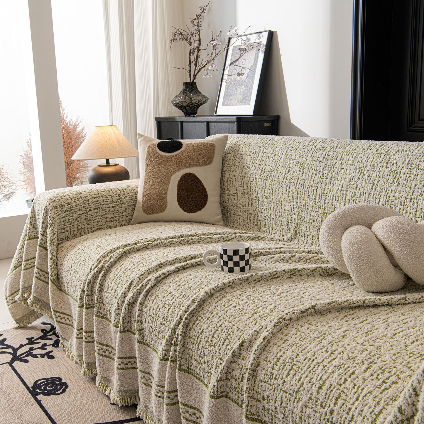 Textured Woven Furniture Protector for Couch, Rustic Farmhouse Sofa Throw Blanket