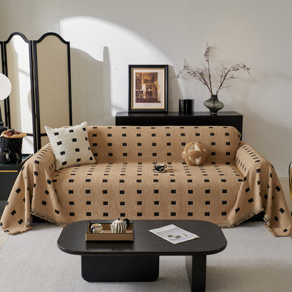 Sofa Throw Blanket with Woven Geometric Pattern & Tassels, Soft & Thick Couch Cover