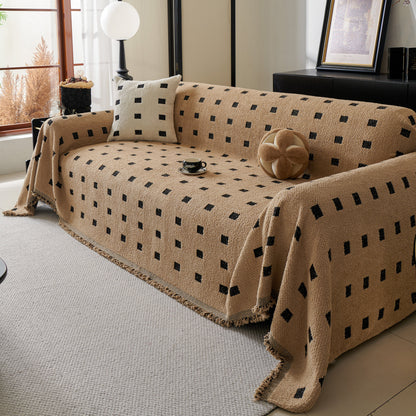 Sofa Throw Blanket with Woven Geometric Pattern & Tassels, Soft & Thick Couch Cover