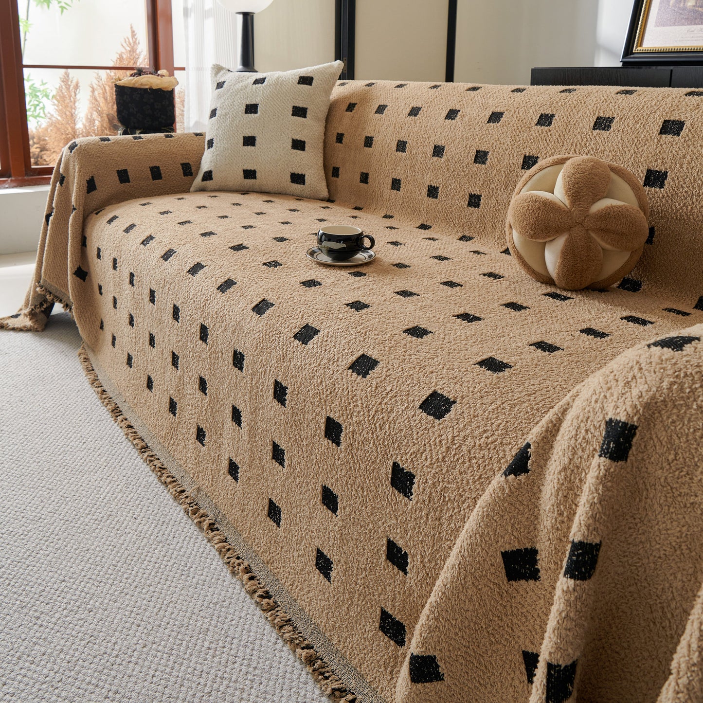 Sofa Throw Blanket with Woven Geometric Pattern & Tassels, Soft & Thick Couch Cover