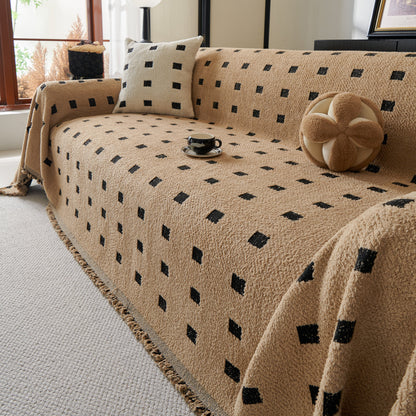 Sofa Throw Blanket with Woven Geometric Pattern & Tassels, Soft & Thick Couch Cover