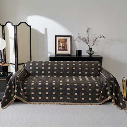 Sofa Throw Blanket with Woven Geometric Pattern & Tassels, Soft & Thick Couch Cover