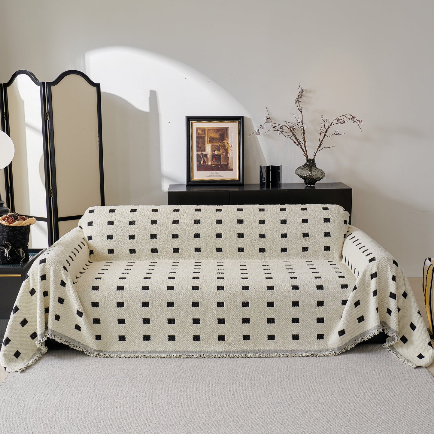 Sofa Throw Blanket with Woven Geometric Pattern & Tassels, Soft & Thick Couch Cover