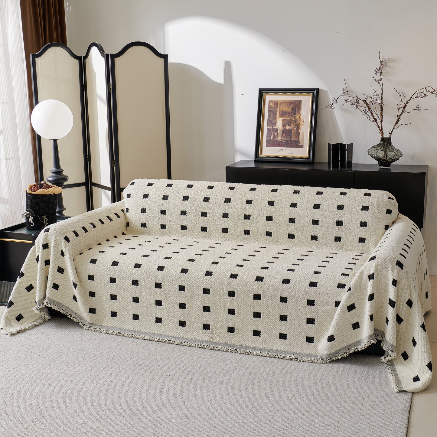 Sofa Throw Blanket with Woven Geometric Pattern & Tassels, Soft & Thick Couch Cover
