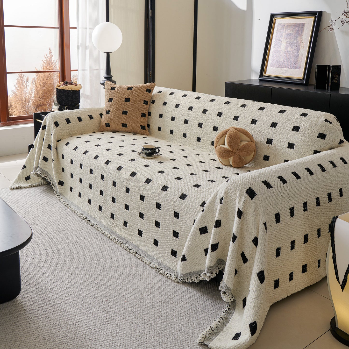Sofa Throw Blanket with Woven Geometric Pattern & Tassels, Soft & Thick Couch Cover