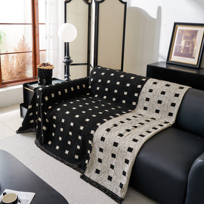 Sofa Throw Blanket with Woven Geometric Pattern & Tassels, Soft & Thick Couch Cover