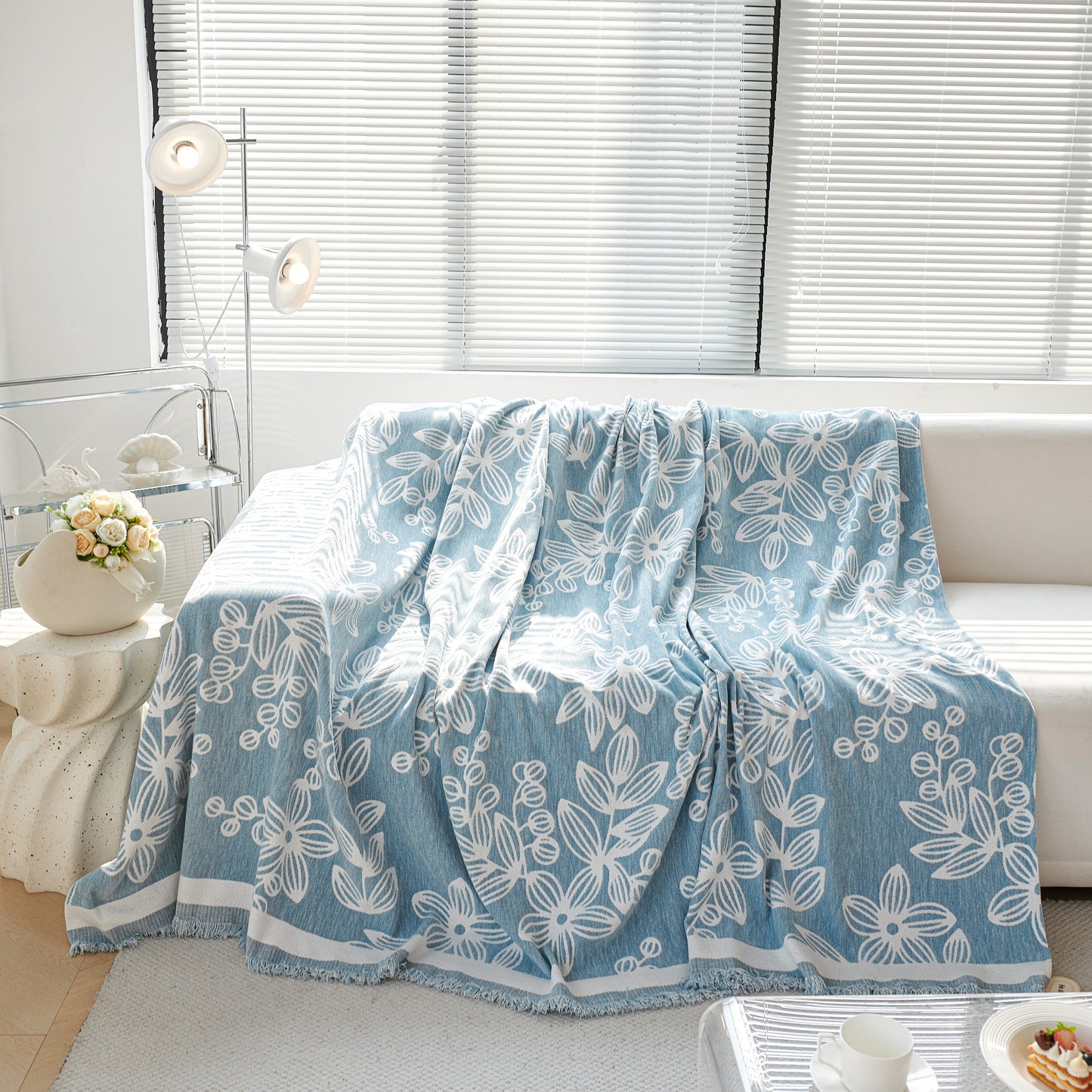 Floral Symphony Couch Throw Cover with Tassel, Chenille Sofa Cover with Leafy Melodies for Sectional