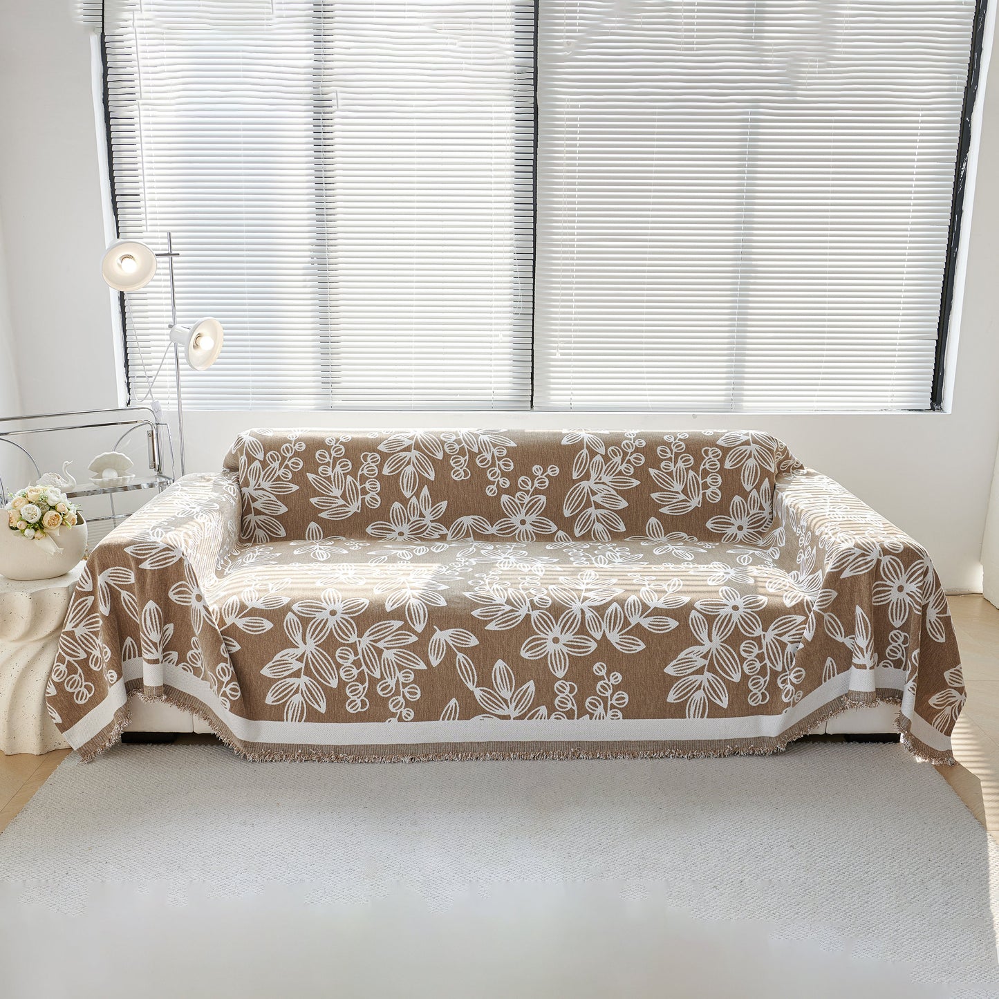 Floral Symphony Couch Throw Cover with Tassel, Chenille Sofa Cover with Leafy Melodies for Sectional