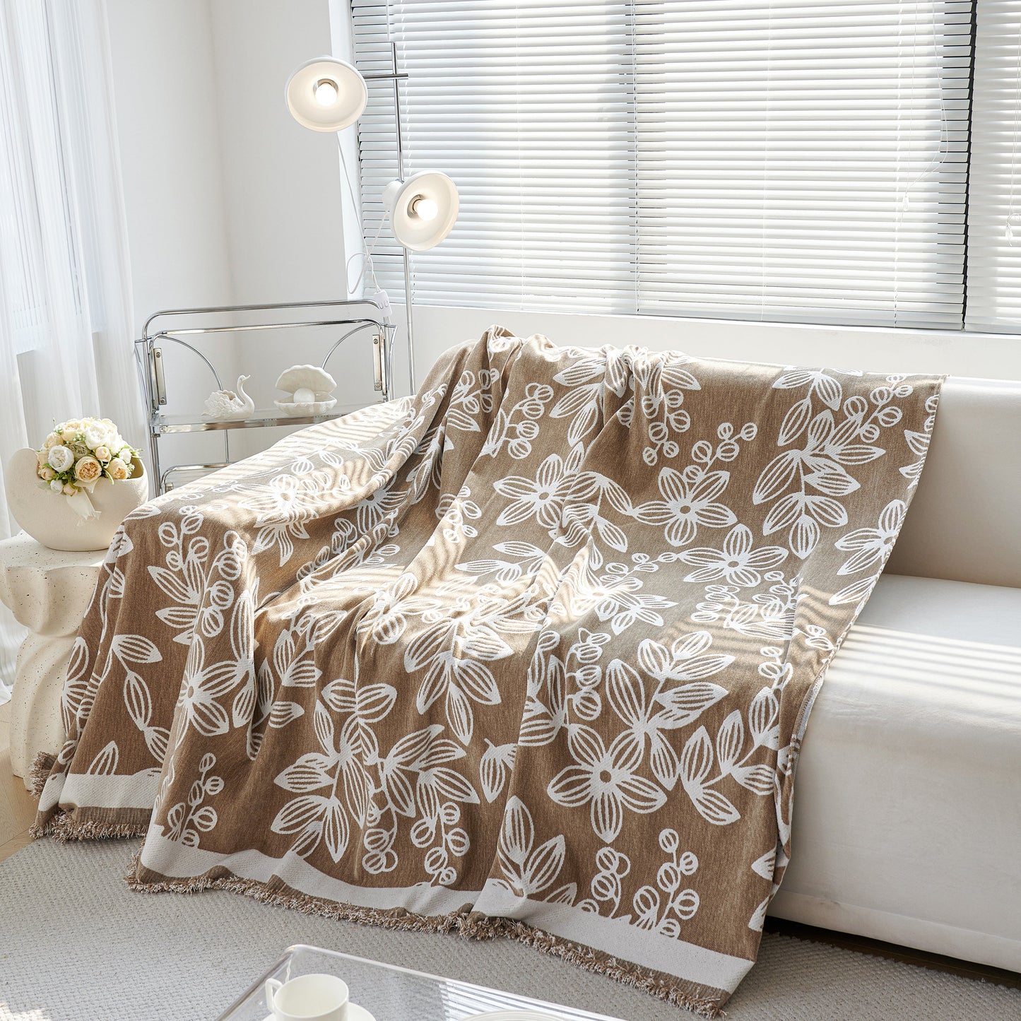 Floral Symphony Couch Throw Cover with Tassel, Chenille Sofa Cover with Leafy Melodies for Sectional