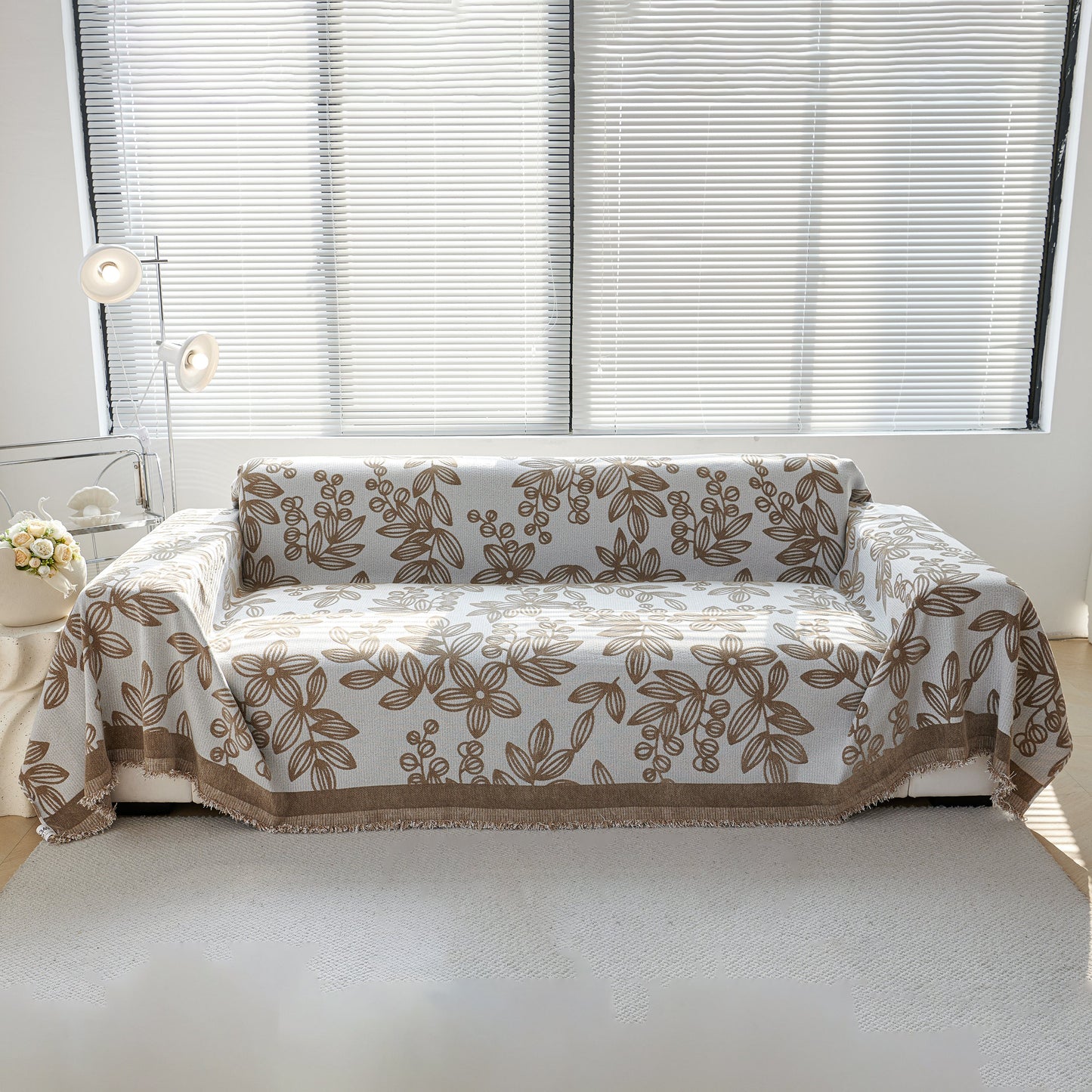 Floral Symphony Couch Throw Cover with Tassel, Chenille Sofa Cover with Leafy Melodies for Sectional