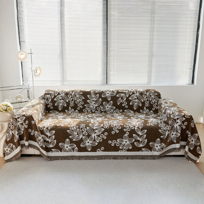 Floral Symphony Couch Throw Cover with Tassel, Chenille Sofa Cover with Leafy Melodies for Sectional