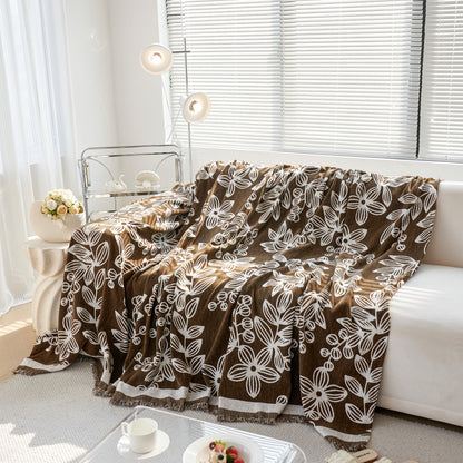 Floral Symphony Couch Throw Cover with Tassel, Chenille Sofa Cover with Leafy Melodies for Sectional