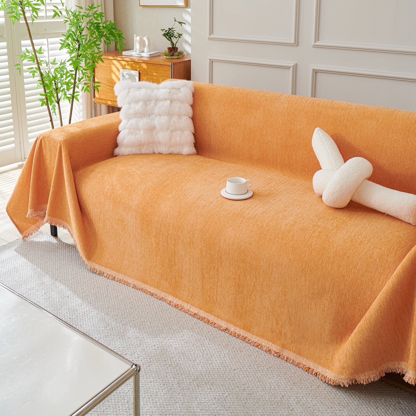 Solid Color Chenille Sofa Throw Blanket, Cozy & Easy Care Fringed Furniture Protector