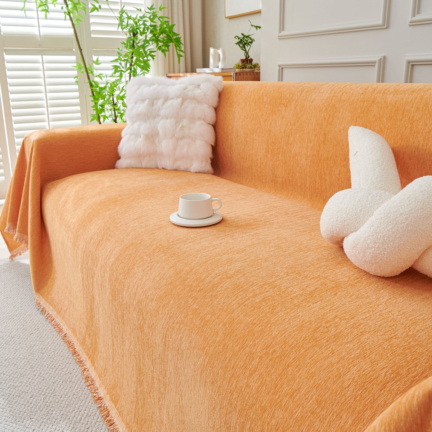 Solid Color Chenille Sofa Throw Blanket, Cozy & Easy Care Fringed Furniture Protector