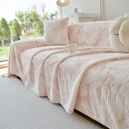 Plush Faux Fur Warm Sofa Cover with Waves Jacquard Textured Throw Blankets for Couch