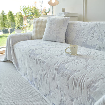 Plush Faux Fur Warm Sofa Cover with Waves Jacquard Textured Throw Blankets for Couch